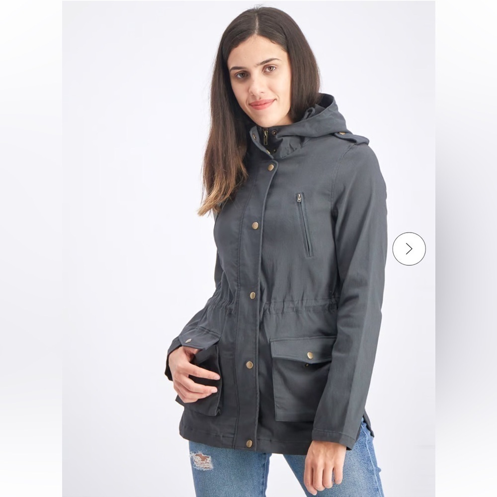 Eden Society Stitch Fix Holly Cargo Jacket Blue Grey Hooded Zip Cinch Waist  S